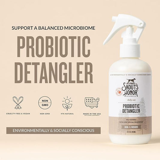 Skout's Honor Probiotic Pet Detangler Spray - Hydrating & Conditioning with Avocado Oi, 97% Natural, Paraben & Sulfate-Free, softens for a More brushable Coat, Daily Use, 8oz, Dog of The Woods