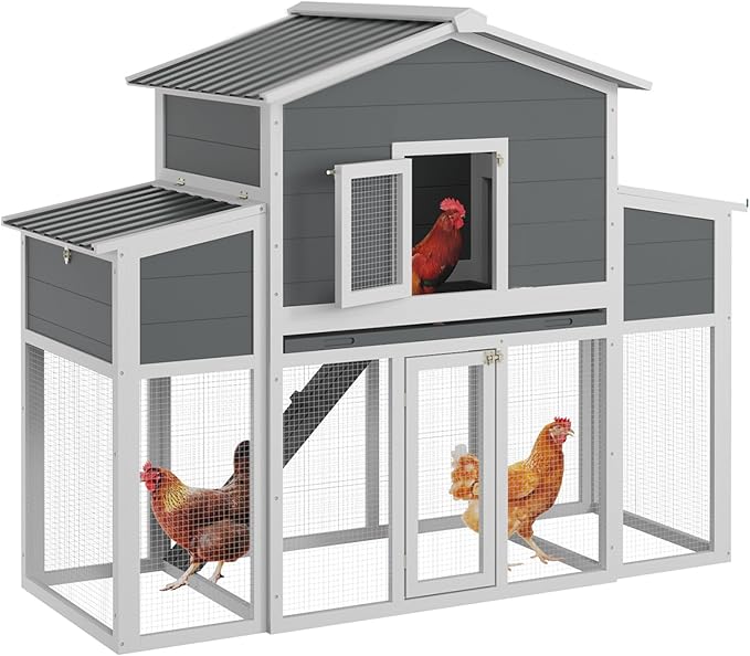 Wooden Chicken Coop for 2-6 Chickens, Outdoor Chicken House with Run & 2 Nest Boxes, Outside Hen House Poultry House Pet Hutch Chicken Cage with Waterproof Roof & Ramp, (66''LX32''WX53''H)