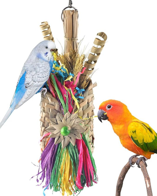 Bissap Bird Chew Toys, Parrot Foraging Shredder Natural Palm Frond Woven Bag Hanging Cage Toy with Chewing Treats for Conure Budgie Cockatiel Cockatoos and Similar Sized Pet Birds