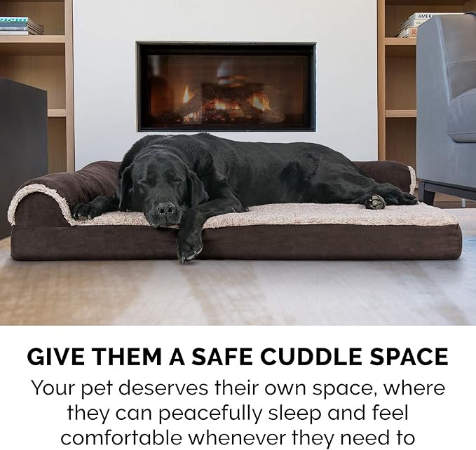 Furhaven Orthopedic Dog Bed for Large Dogs w/ Removable Bolsters & Washable Cover, For Dogs Up to 95 lbs - Two-Tone Plush Faux Fur & Suede L Shaped Chaise - Espresso, Jumbo/XL