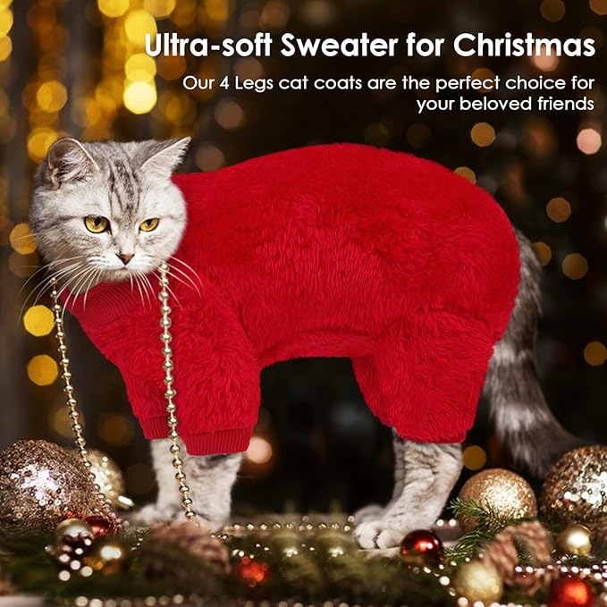 SUNFURA Sphynx Hairless Cat Sweater, Full Body Warm Fleece Sweaters with Sleeves for Cats, Soft Turtleneck Cat Clothes, Cozy Pullover Pajamas for Hairless Cats Devon, Donskoy & Small Dogs, Red L