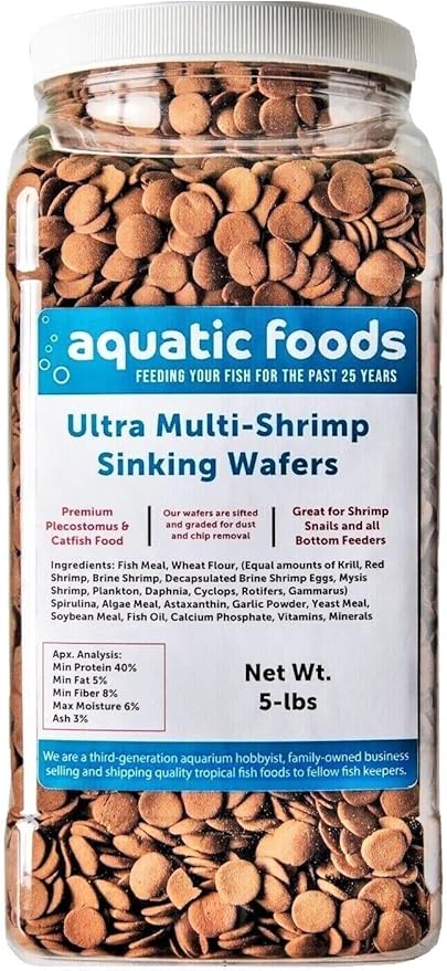 Aquatic Foods Inc. Ultra Multi-Shrimp 12mm - 1/2" Small Sinking Wafers for Bottom Fish, Shrimp, Snails, Crabs, Crayfish, All Tropical Fish...5-lb Lg Jar