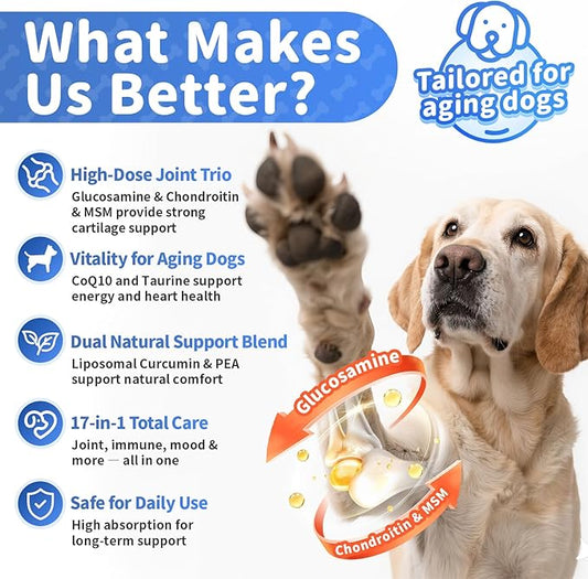 Senior Dog Joint Supplement, 17-in-1 Glucosamine for Dogs with Chondroitin, MSM, Pea, CoQ10, Omega-3, Hip and Joint Chews for Dogs – Chicken Flavor – 90 Soft Chews – for All Breeds & Sizes