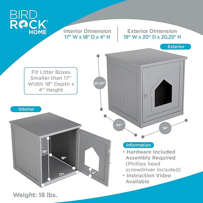 BIRDROCK HOME Decorative Cat House & Side Table | Grey Nightstand | Indoor Pet Crate | Litter Box Enclosure | Hooded Hidden Pet Box | Cats Furniture Cabinet | Kitty Washroom
