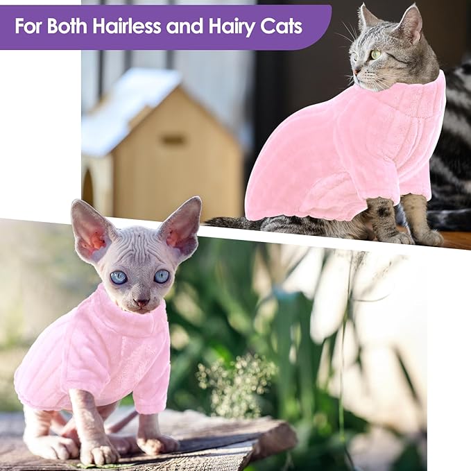 SUNFURA Sweaters for Cats, Hairless Sphynx Sweater Kitten Pullover with Sleeves, Warm and Soft Cat Pajamas Fleece Sweatshirt Jumpsuit, Turtleneck Clothes for Fall Winter, Pink S