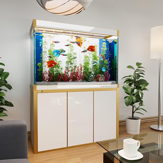 135 Gallon Aquarium Fish Tank with Upright Fishtank Stand Water Pump Freshwater Filter LED Bundle and Straight Corners Clear Glass - White with Gold Trims