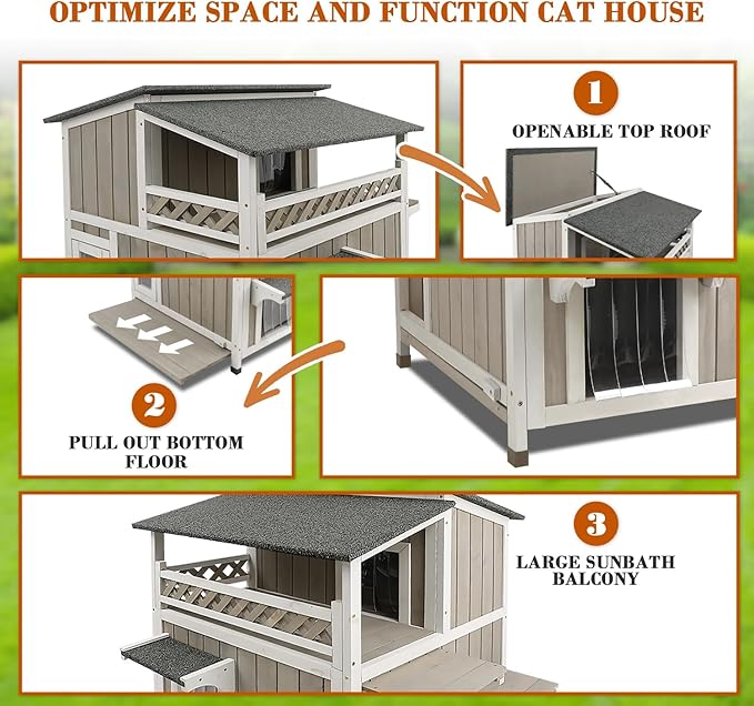 Outdoor Cat House Weatherproof Cats Shelter for Feral Kitten Pet Houses for 1-2 Small Animlas 2 Story Wooden Houses for Indoor Outdoor Cats with Escape Doors (29" L x 30" W x 31.5" H Grey)