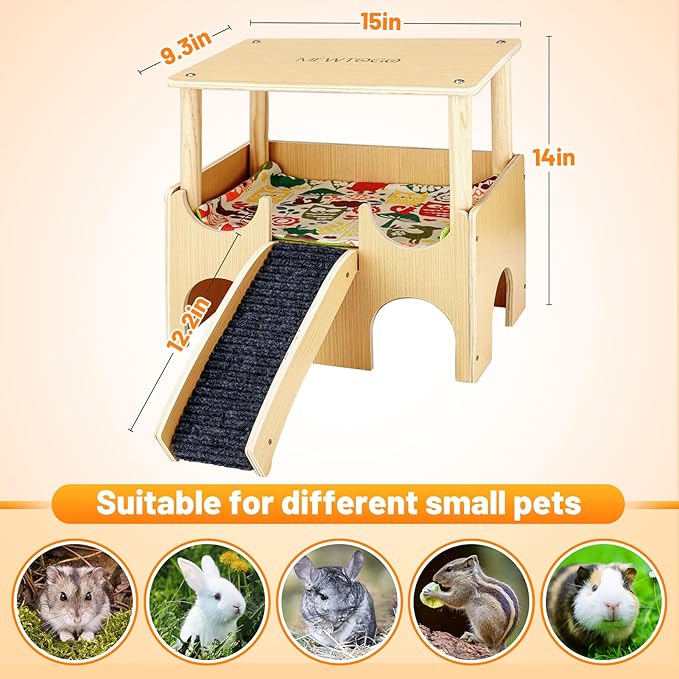 Large Wooden Guinea Pig Hideout - 2 Tierd Sturdy Guinea Pig House Castle, Small Animal Bed with Stairs, Easy to Install for Hamsters Chinchillas Bunny Playing Hiding