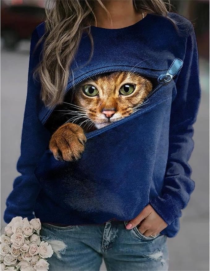 IVERIRMIN Women's 3D Cute Cat Print Sweatshirt Casual Long Sleeve Crewneck Cute Cat Pullover Loose Fit Shirts