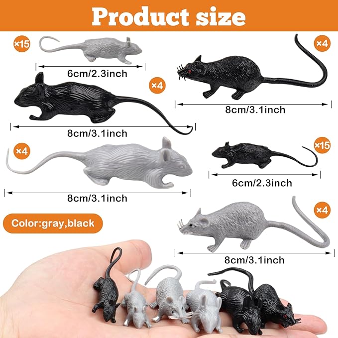 46 Pcs Plastic Fake Rat Plastic Mouse Toys Decorations Realistic Pranks Rats Simulated Small Mouse Mice Toys for April Fools Day Halloween Prank Party Supplies