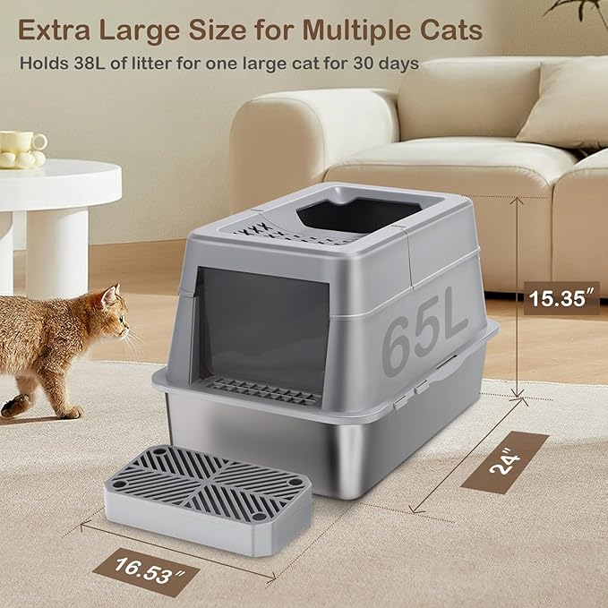 Stainless Steel Cat Litter Box with 110° Flip-Top Lid, XXL Large Enclosed Metal Litter Box for Big Cats with Scoop & Pedal, Removable Lid -Odor Control, Non-Stick Surface, Front Entry Top Exit (Grey)