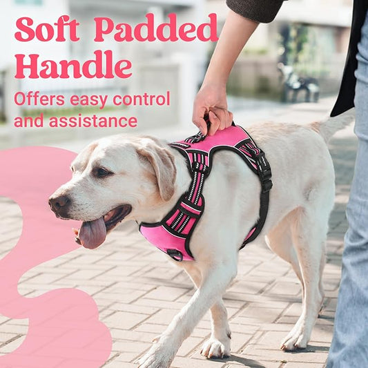 rabbitgoo Dog Harness Medium Sized, No Pull Pet Harness with Soft Padded Handle, Adjustable Reflective Vest with 3 Buckles, Easy Walking Harness with 2 Leash Clips, Pink, M