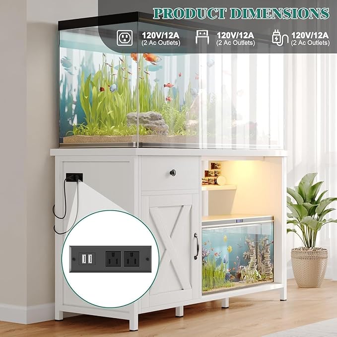 4ever2buy 55-75 Gallon Fish Tank Stand with Power Outlets, LED Light, Heavy Duty Aquarium Stand with Cabinet for Fish Tank Accessories Storage, for Turtle Tank, Reptile Terrarium, 1100LBS, White