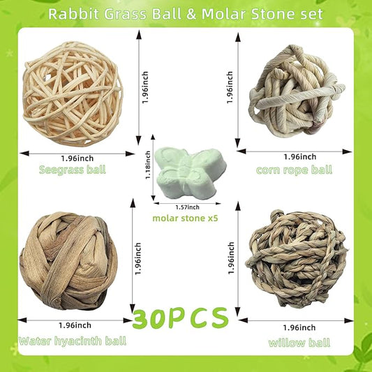 30PCS Rabbit Grass Balls 1.96in Guinea Pig Balls Small Animal Activity Enrichment Toy for Bunny Chinchilla Hamster Gerbil Grinding Playing