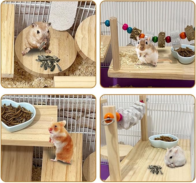 7 Pcs Chinchilla Ledges Wood Sets, Hamster Wooden Stand Platform with Lava Ledge Blocks Chew Toys Small Animal Cage Accessories for Rat Gerbil Guinea Pig Parrot Chipmunk Squirrel Mouse