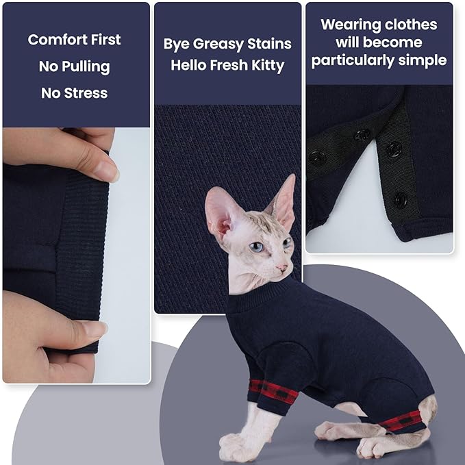 Sphynx Hairless Cats Sweater Shirt Kitten Soft Pullover Cute Cat Pajamas Jumpsuit Cotton Apparel Pet Winter Turtleneck for Cats,DarkBlue L