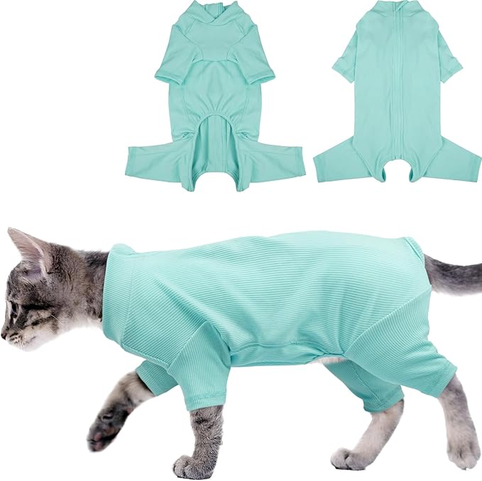 Sticky Hair Cat Clothes, Breathable & Lightweight, Reduces Shedding Fur Pajamas, Full Body Long Sleeve Surgical Bodysuit, Stop Licking & Shedding,Blue,S
