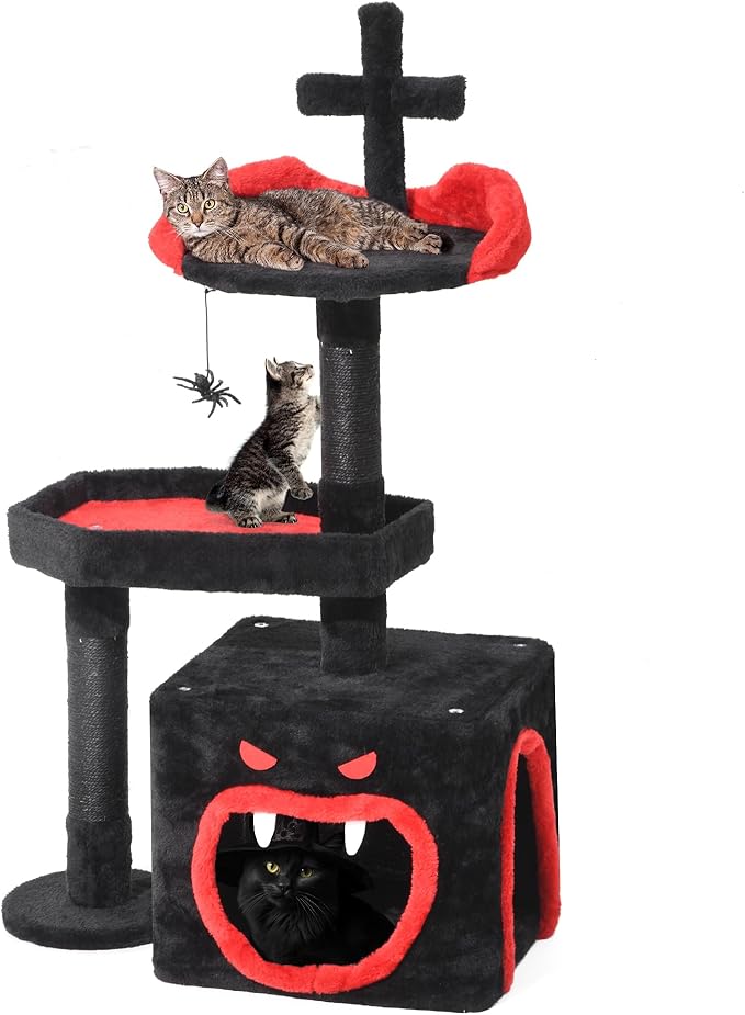 YITAHOME Gothic Cat Tree with Coffin Bed, 38.6" Indoor Cat Tower Featuring Spacious Condo, Spider Hanging Ball, Scratching Post, Black Halloween