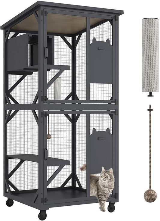 ROOMTEC Catio Outdoor Enclosure With Roof 71" Height Wooden House Large Cage With 3 Jumping Platforms and 1 Napping House for Cat Activity (Grey)