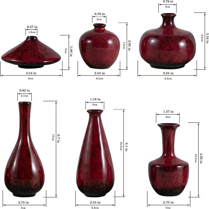 Red Ceramic Bud Vases, Set of 6 Small Glazed Pottery Vases for Floral Arrangements, Decorative Rustic Vases for Modern Farmhouse Home Decor, Living Room, Dining Table Centerpieces