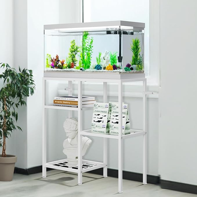 YBING Fish Tank Stand 20 Gallon Aquarium Stand Aquarium Turtle Tank Reptile Tank Stand with 3-Tier Small Metal Shelf (White)