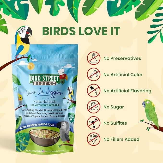Parrot Food - Parakeet & Cockatiel Food - Cooks in 3-15 min with Natural & Organic Grains, Legumes, Non-GMO Fruits, Vegetables & Health Spices