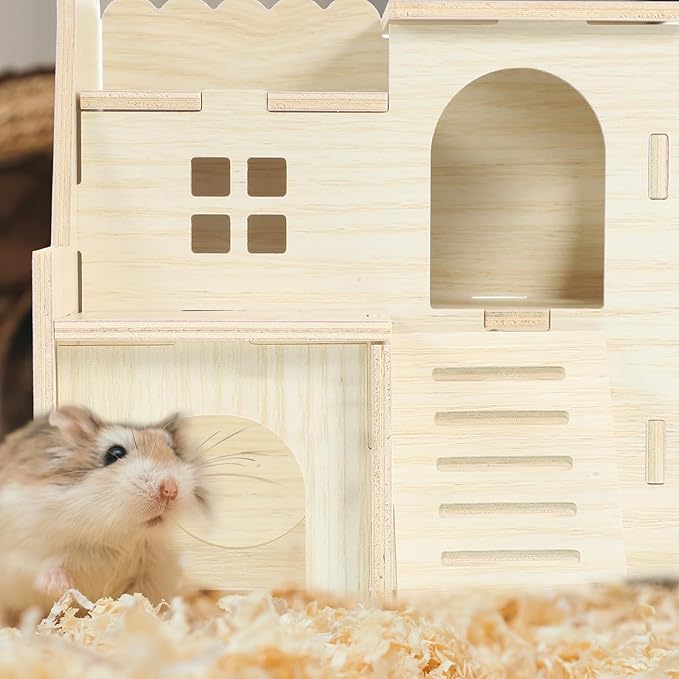 LOGOFUN Wooden Hamster Hideout Castle Multi-Chamber Hide Hut with Climbing Ladder for Chinchillas Guinea Pigs Small Pet Cage Accessories - 6 * 5 * 5in