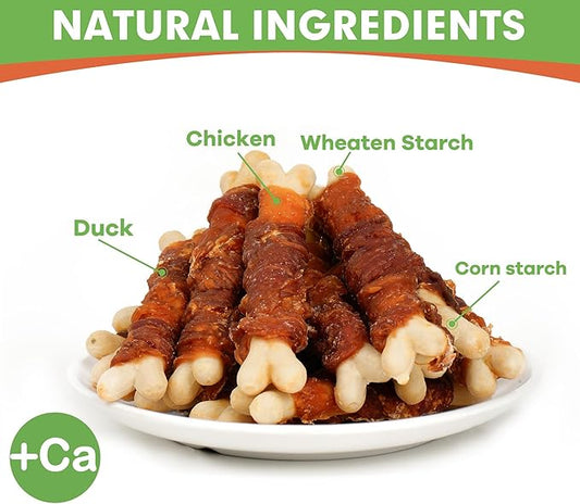 MON2SUN Double Flavor Dog Treats, 4 Inch Chicken and Duck Wrapped Calcium Bones, Rawhide Free Chews for Small Dogs, Teeth Cleaning Bones, 10.58oz (15 Count-Pack of 1)