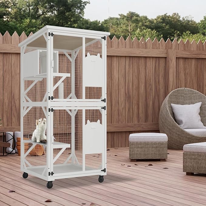 ROOMTEC Catio Outdoor Cat Enclosure - Large Wooden House with Roof, 71" H, 3 Jumping Platforms & 1 Napping House for Cats (White)