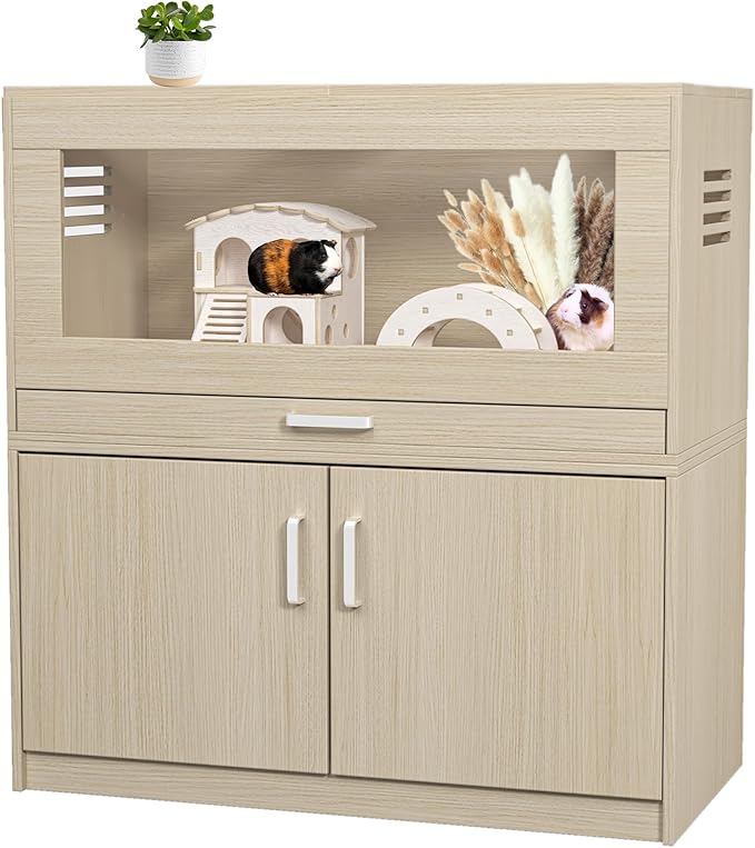 Guinea Pig Cages, Hamster Cage Wood with Independent Storage Cabinet, House for Rat Chinchilla with Guinea Pig Hutch and Bridge, Openable Top with Acrylic Sheets(Teak+Wood, 32.28 inch)