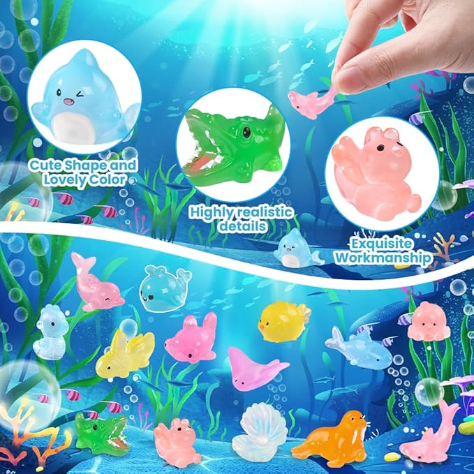 60PCS Luminous Mini Resin Animals 60 Styles Tiny Sea Animals Glow in The Dark Miniature Little Ocean Figures to Hide Small Plastic Animal for Party Favors Bag Fillers Garden Dollhouse Decor