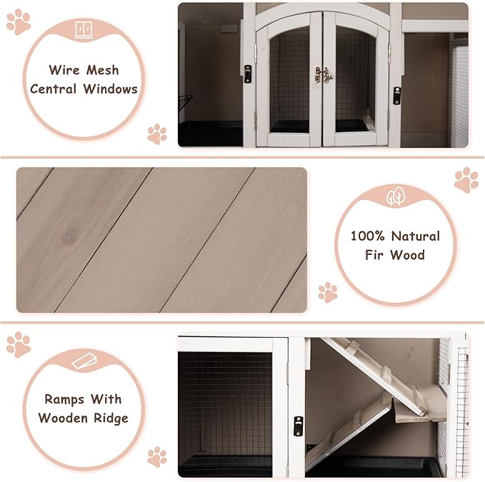 42.7" L Rabbit Hutch Indoor Outdoor 2-Story Rabbit Cage with 4 Wheels,Guinea Pig Cage Bunny Hutch with 2 Pull Out Trays,Bunny Cage with Asphalt Roof for Small to Medium Animals