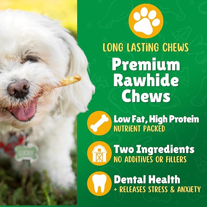 Beef Basted Rawhide Twist Sticks Dog Treats – 60ct. Premium Rawhide Chew Sticks – Long Lasting Beef Flavored Chews for Small Dogs Made in USA with Natural Beefhide