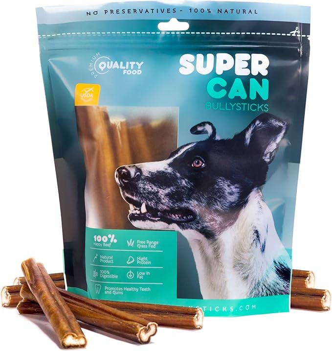 SUPER CAN BULLYSTICKS Bully Sticks for Dogs 6" Standard [25-Count] 100% Natural Dog Chews - Long Lasting Chew Medium Large Dogs - Free Range Grass Fed - Non GMO Beef - Treats for All Breeds