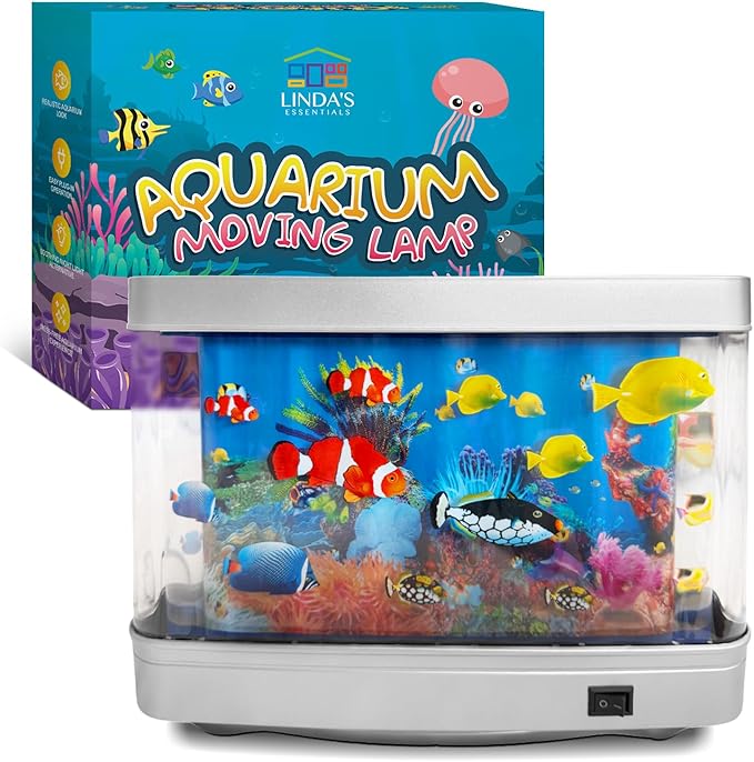 Linda’s Essentials Fake Fish Tank for Kids and Adults, Fake Aquarium Decorative Lamp, Artificial Fish Tank with Moving Fishes, Artificial Aquarium Night Light, Plug in Moving Lamp
