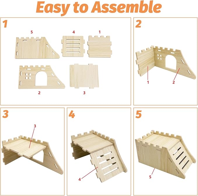 BNOSDM Hamster Hideout Set Gerbil Wooden House with Stairs Wood Hide Hut with Fun Slid Seesaw Dwarf Cage Accessories for Syrian Hamsters Mouse Mice