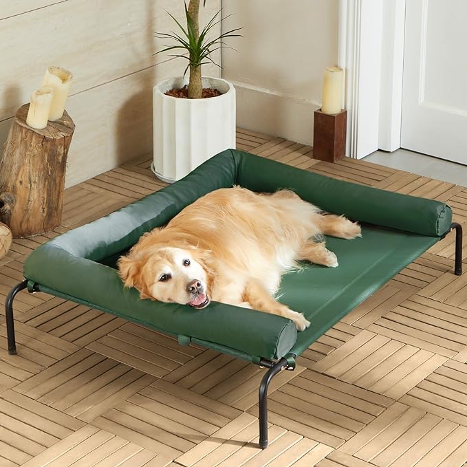 Cooling Elevated Dog Bed for Large Dogs – Waterproof Raised Dog Cot with Slope Headrest, Breathable Teslin Mesh, Durable & Portable Pet Bed for Indoor and Outdoor Use, Green
