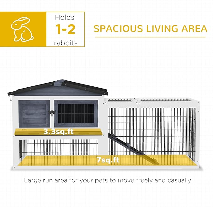PawHut 2 Levels Outdoor Rabbit Hutch with Openable Top, 59" Wooden Large Rabbit Cage with Run Weatherproof Roof, Removable Tray, Ramp, Dark Gray