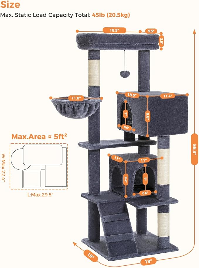 Cat Tree for Large Cats Adult with Super Large Top Perch, 56.3" Cat Tower for Large Cats with Plush Hammock, Cat Shelves and Dangling Pompom, Cat Scratching Posts and 2 Condos House, Dark Gray