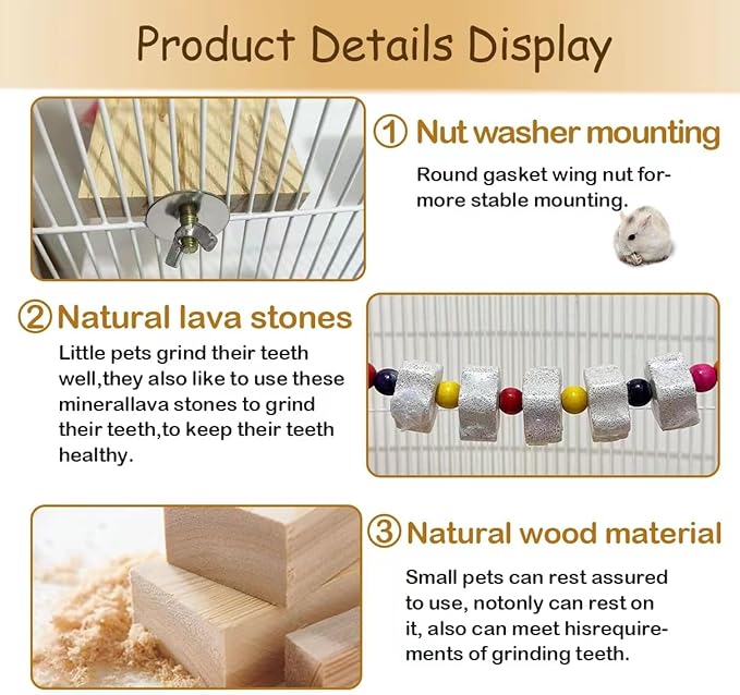 7 Pcs Chinchilla Ledges Wood Sets, Hamster Wooden Stand Platform with Lava Ledge Blocks Chew Toys Small Animal Cage Accessories for Rat Gerbil Guinea Pig Parrot Chipmunk Squirrel Mouse