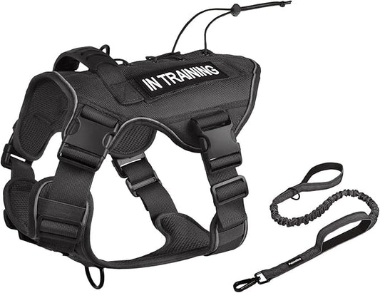 Petmolico Tactical Dog Harness with Leash, No Pull Dog Harness with Hook and Loop Panels for Hiking Training Military Service Dog Harness with Patches for Medium Dogs, Black M