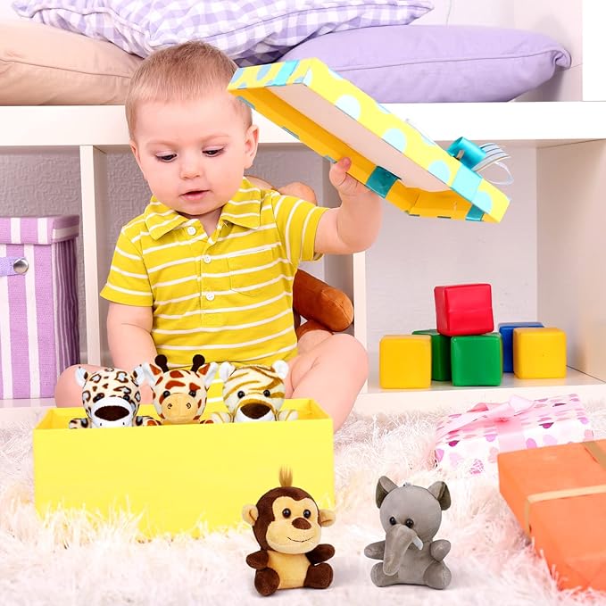 Elcoho 16 Pieces Safari Mini Stuffed Jungle Animal Set Small Stuffed Forest Animal 3.75 Inch Animal Keychain Plush Toys for Animal Themed Parties Kids Birthday(Sitting)