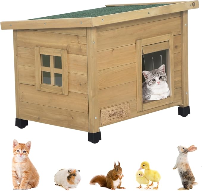 Outdoor Wooden Pet House, Weatherproof Winter Shelter for Dogs and Cats, Elevated Design with Window (Yellow, 22.56 * 17.71 * 16.73)