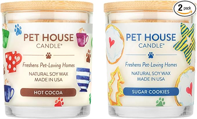 One Fur All Pet House Christmas Candles, Long Lasting, Clean Burning, Soy Wax Scented Pet Odor Candles, Hot Cocoa and Sugar Cookie, 2 Pack