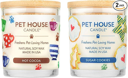 One Fur All Pet House Christmas Candles, Long Lasting, Clean Burning, Soy Wax Scented Pet Odor Candles, Hot Cocoa and Sugar Cookie, 2 Pack
