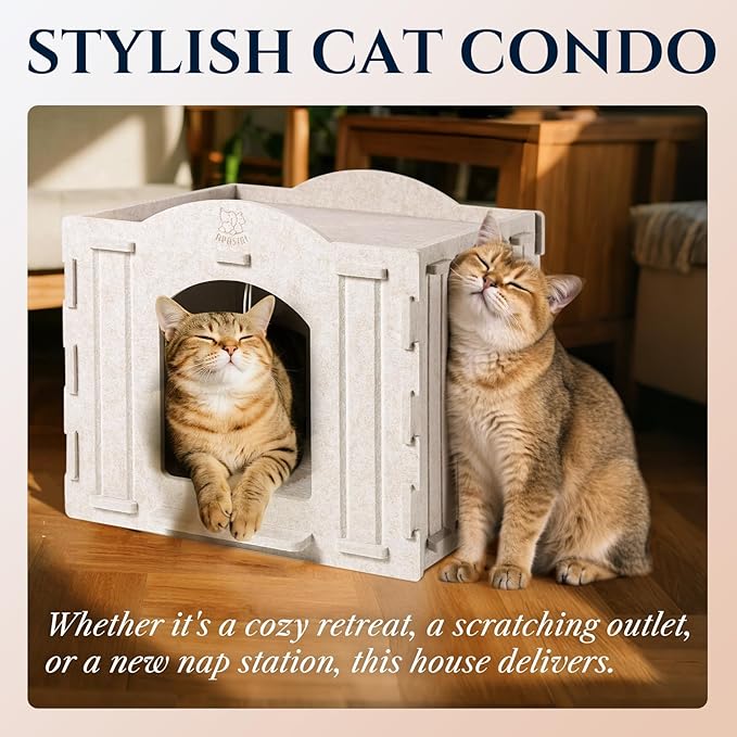 Apasiri Indoor Cat House Scratch-Resistant: Thermal Insulated Enclosed Felt Bed Cave with Hanging Ball Toy, No-Tool Assembly Hideaway for Anxious Cats & Kittens up to 35 Lbs