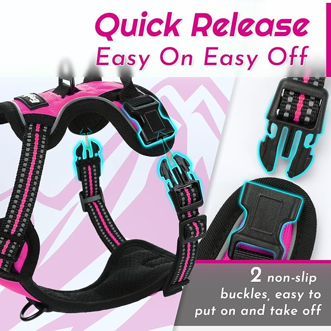 Eagloo Small Dog Harness No Pull, Service Vest with Reflective Strips and Control Handle, Adjustable and Comfortable for Easy Walking, No Choke Pet Harness with 2 Metal Rings, Rose Red, XS
