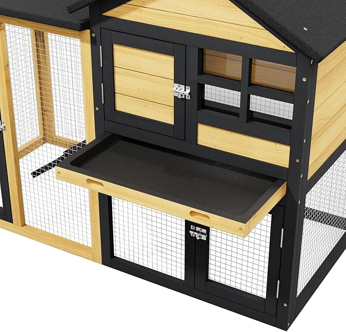 Bunny Cage Premium Rabbit Hutch with Leak-Proof Roof, 2-Story Bunny House for Guinea Pigs & Hamster,Wooden Chicken House with Deep Pull-Out Tray, Waterproof Chicken Coop for Outside (Yellow Black)