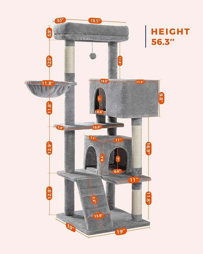 Cat Tree for Large Cats Adult with Super Large Top Perch, 56.3'' Cat Tower with Plush Hammock, Cat Shelves and Dangling Pompom, Cat Scratching Posts and 2 Condos Houses, Grey (AMT0111GY-A)