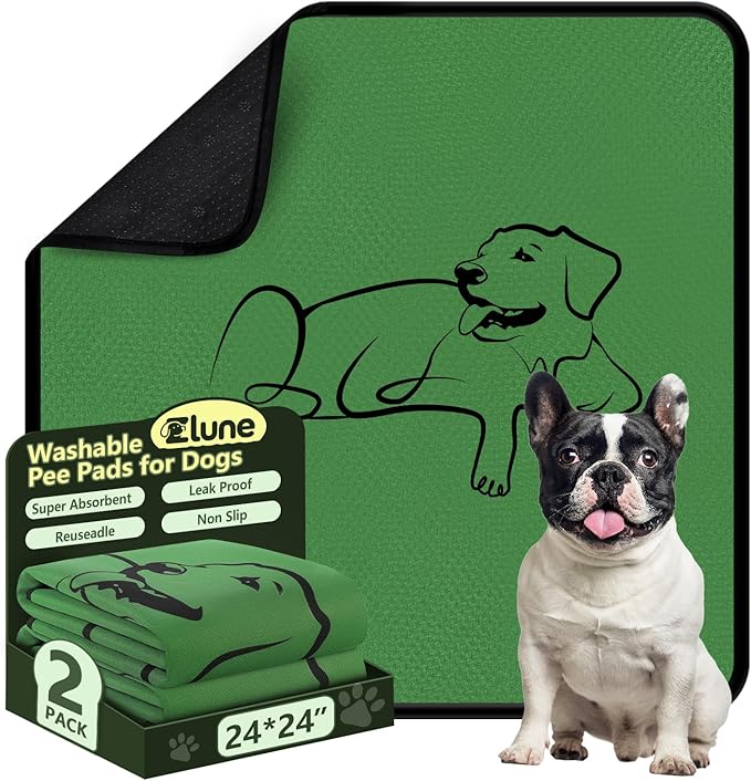2 Pack Washable Pee Pads for Dogs 24"x24", Reusable Training Puppypads Absorbency Non-Slip & Leak-Proof for Pet Whelping Box Playpen Crate Sofa Bed Floors (Green)